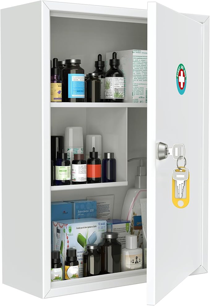 Uniclife Wall Mount Medicine Cabinet with Key Lock, Locking First Aid Cabinet, Lockable Medical Cabinet, Large Capacity Medicine Organizer, Secure Steel Wall Cabinet Metal Storage Box, White