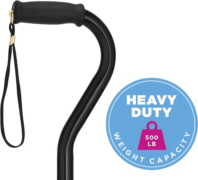 NOVA Heavy Duty Walking Cane with Offset Handle, 500 lb. Weight Capacity, Bariatric & Lightweight Adjustable Walking Stick with Carrying Strap, Black