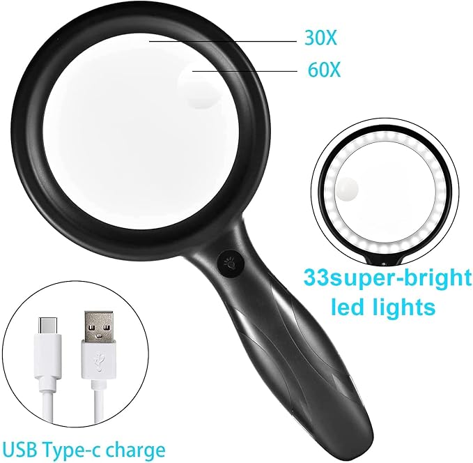 Magnifying Glass with Light, 30x 60x Magnifying Glass for Reading Lighted - 33 LEDs Magnifying Glass Magnifier Magnifier with Light