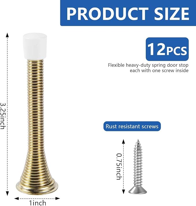 KISEER 12 Pack Spring Door Stops 3 1/4 Inch Flexible Heavy Duty Spring Door Stopper with RustProof Screw Rubber Bumper Tips (Gold)