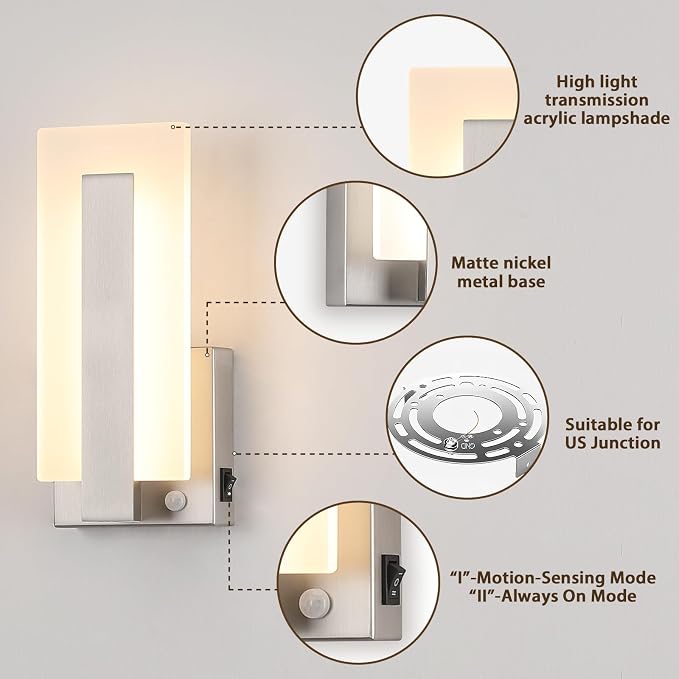 Joosenhouse Modern Wall Sconces Set of 2, 9.76 Inch Nickel Motion Sensor LED Wall Lights, Hardwired Indoor Wall Mount Light for Hallway, Bedroom, Living Room