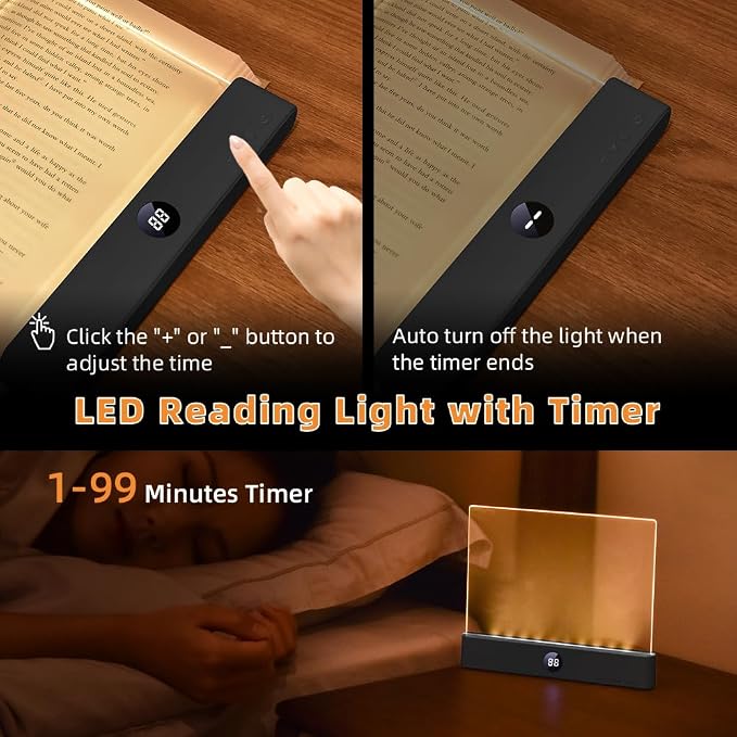 Book Light, Rechargeable Clear LED Flat Reading Light with 3 Colors & Timer, Dimmable Panel Plate Lamp Book Full Page Light for Reading in Bed at Night, Funny Gifts for Readers Kids Women Men (Black)