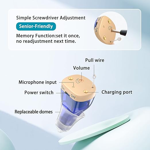 Rechargeable Hearing Aids for Seniors with Noise Cancellation, OTC Hearing Aids Digital Chips for Clear Sound, CIC In-Ear Fit Comfortable & Invisible, Charging Case Volume Control, 1 Pair, Red and blue