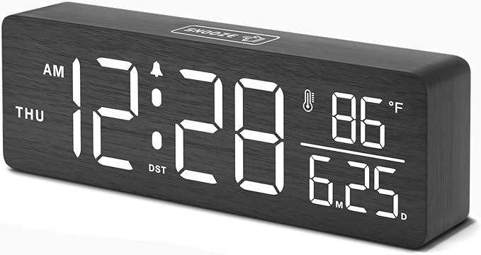 DreamSky Wooden Digital Alarm Clock with Date & Day of Week for Bedroom | Large Display Desk Clock for Living Room, Temperature, Dimmer, Adjustable Volume, Auto DST, Office Wood Décor (Plug-in)