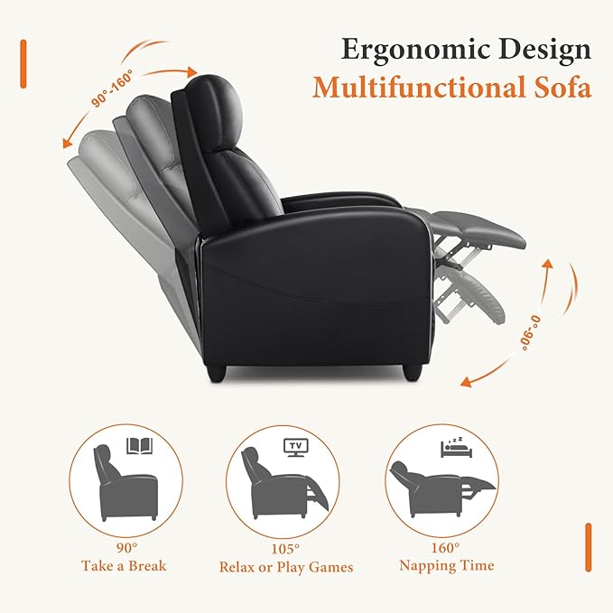 Sweetcrispy Recliner Chair PU Leather Recliner Sofa No Massage, Home Theater Seating with Lumbar Support, Adjustable Push Back Overstuffed High-Density Sponge Reclining for Living Room, Black