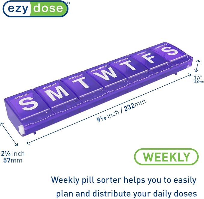 EZY DOSE Weekly (7-Day) Pill Planner, Medicine Case, Vitamin Organizer Box, 2X-Large Locking Compartments to Secure Prescription Medication and Prevent Accidental Spilling, Color May Vary, BPA Free
