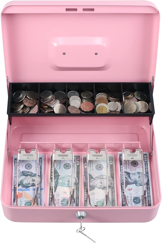 xydled Cash Box with Money Tray and Key Lock,Tiered, Cantilever Design,4 Bill / 5 Coin Slots,11.8" x 9.5" x 3.5",Pink