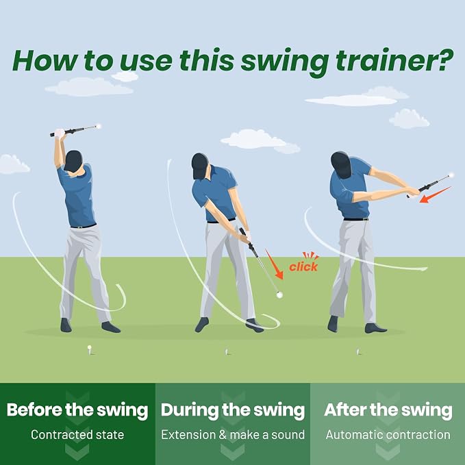 5-in-1 Retractable Golf Swing Trainer, Training Aid with Grip Trainer, Grip Correction for Beginners & Tempo Training for Advanced, Click Feedback, Right/Left-Handed