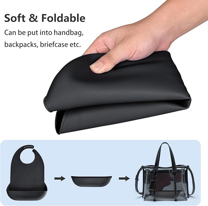 Adult Bibs for Men, Women - Silicone Adult Bibs for Elderly - Washable Bib with Crumb Catcher - Black, 2 Pack