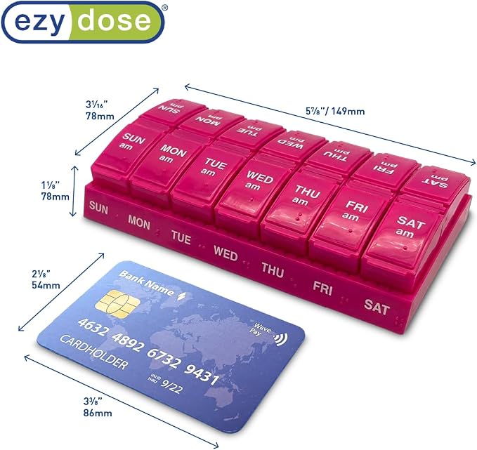 EZY DOSE Weekly, AM/PM Daily Pill Organizer, 7-Day Medicine Planner, Vitamin Container, Small Pop-Out Compartments, 2 Times a Day Pill Holder, Pink, Travel-Friendly, BPA Free