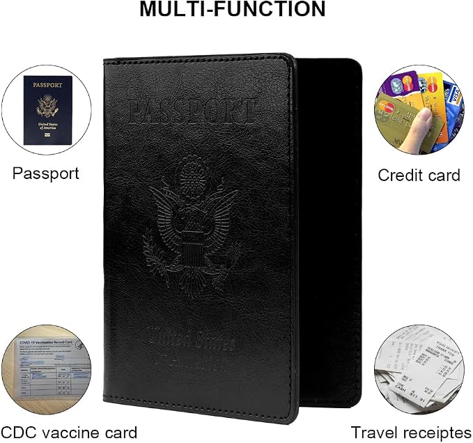 Passport Holder, Travel Must Haves, Men's Black Leather Passport Case with Vaccine Card Slot