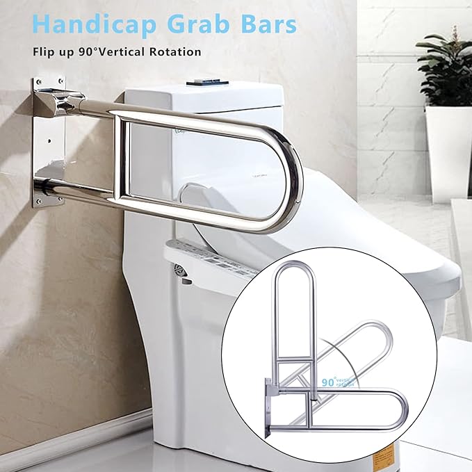 23.6 INCH Toilet Grab Bars for Bathroom Stainless Steel Flip Up Handicap Safety Grab Bar Rails for Elderly Seniors Bathtubs Showers Foldable Handle Grips Support for Walls Drop Down Screw-in Grab Bar