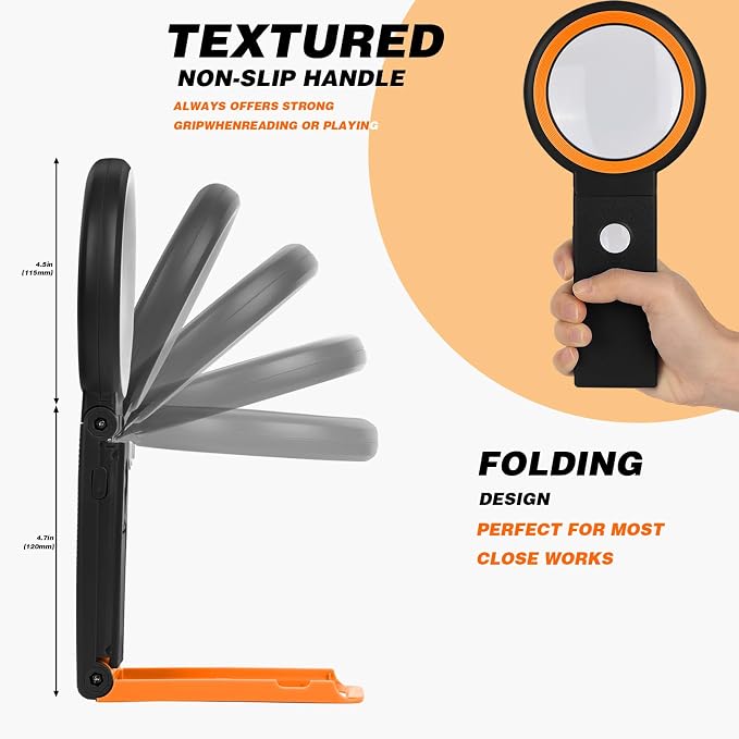 Magnifying Glass with Light and Stand, Foldable Handheld Magnifying Lenses 18 LED Illuminated Lighted Magnifier for Seniors Reading, Close Work, Coins, Jewelry Black