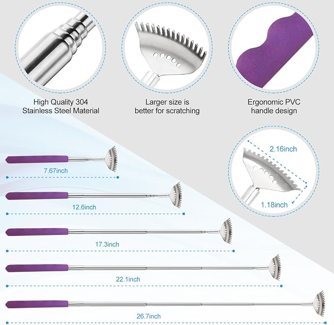 Yeipis 3 Pack Different Back Scratcher Metal Portable Telescoping Back scratchers with Rubber Handles, Extendable Back Massager Tool with Beautiful Box Stocking Stuffers for Men Women（Purple）