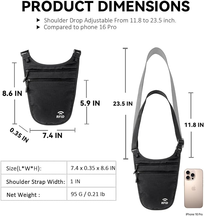 Money Belt for Travel, RFID Blocking Hidden Neck Wallet & Passport Holder | Unisex dual-strap + RFID, slim breathable, 3-compartment holds 4 passports+2 phones, durable YKK, water-resistant.