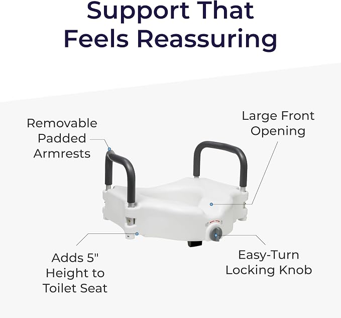 Drive Medical 2-in-1 Raised Toilet Seat with Removable Padded Arms | Raised Toilet Seat Offers Removable Padded Arms and Secure Locking Attachment for Standard Toilets and Safety