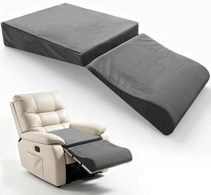 Wedge Recliner Cushion with Wave Shape Footrest for Long Sitting Elderly 35D High-Density Foam Ergonomic Recliner Pads with Non-Slip Bottom Footrest Extender Pillow with Elastic Straps