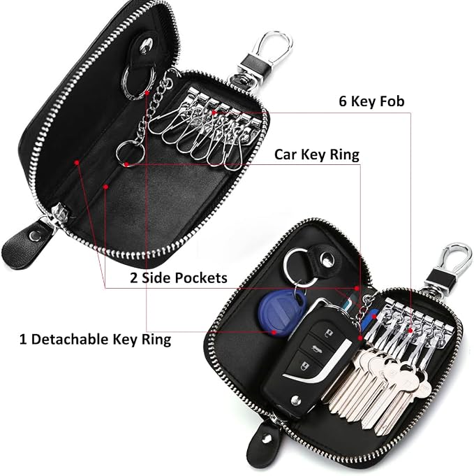 WESTONETEK Unisex Mens Womens Premium Leather Car Key Holder Bag Keychain Case Wallet with 6 Hooks Zipper Closure