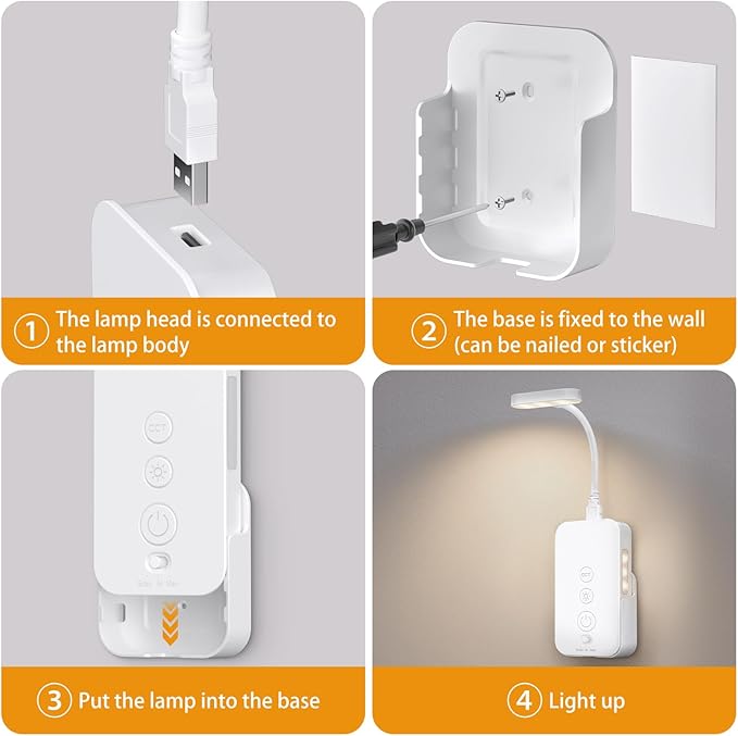 Ellasay Wall Mounted Reading Light: Dimmable LED Night Lights with Timer & Memory - Adjustable Gooseneck USB Powered - Easy Install for Kids Bedroom/Dorm Room/RV 2 Pack (White)