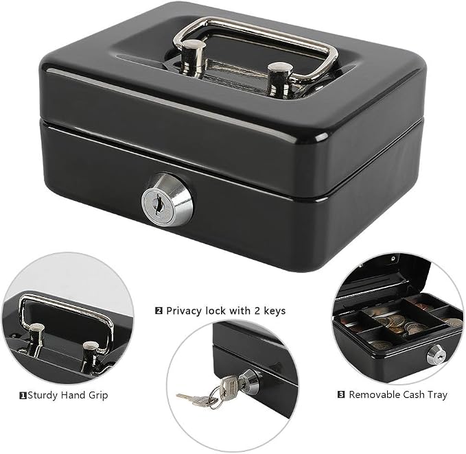 xydled Locking Steel Mini Cash Box with Removable Coin Tray and Key Lock,4.92" x 3.74" x 2.36",Black