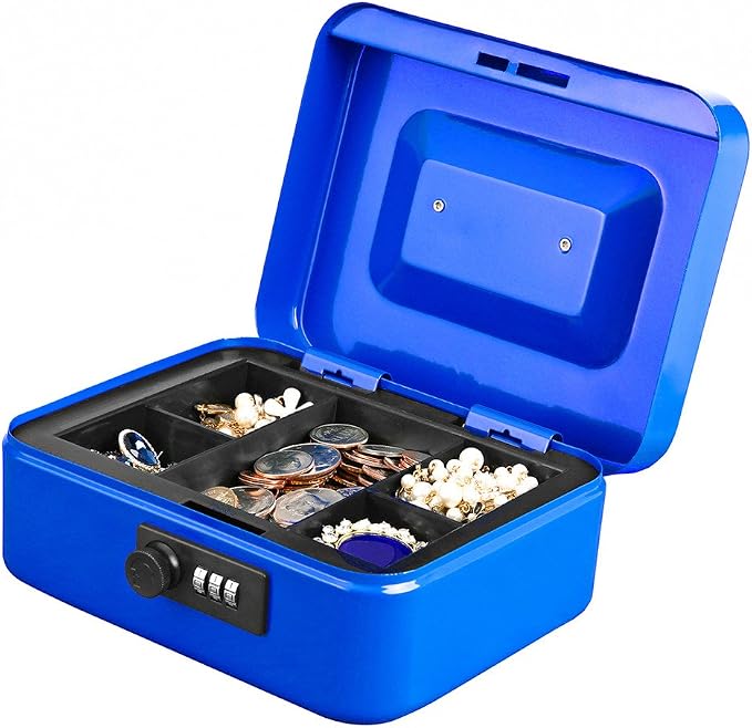 Jssmst Medium Cash Box with Combination Lock-Durable Metal Cash Box with Money Tray Blue, 7.87 x 6.3 x 3.35 inches, CB0702M