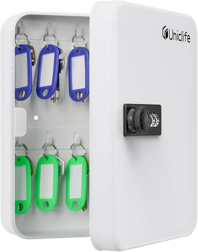 Uniclife 20 Position Key Cabinet with Combination Lock Resettable White Digital Security Storage Box Steel Key Organizer with Colorful Key Tag Labels Stickers and Hooks
