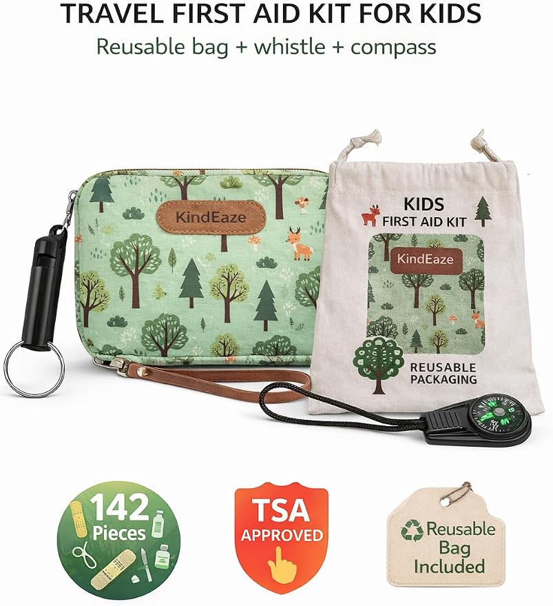 Travel First Aid Kit for Kids and Adults – 142 Pc. Includes Reusable Bag, Whistle and Compass. for Car, Home, Purse - Mini First Aid Kit Travel Size TSA-Approved.