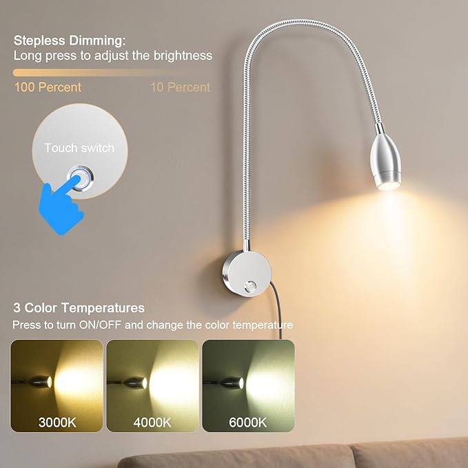 Wall Mounted LED Reading Light with 360° Flexible Gooseneck, Dimmable Bedside Reading Lights for Books In Bed, Plug In Headboard Night Lights, Eye-Caring, 3 Colors Temperature, Touch Control-1 Pack