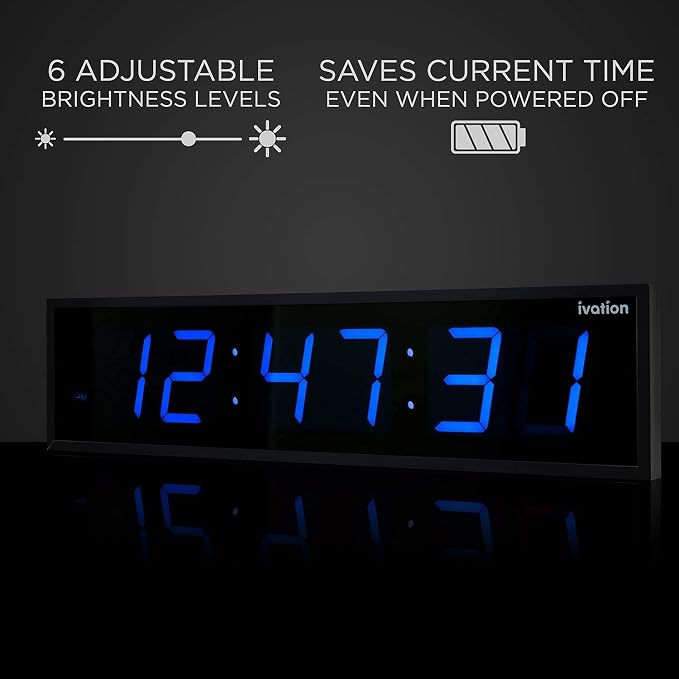 Ivation Oversized 24" Large Digital LED Clock | Big Digital Clock w/Multi-Function Display – Stopwatch, Timer, Alarms, Temp & Date | 6 Brightness Levels, Time Memory & Remote (Blue)