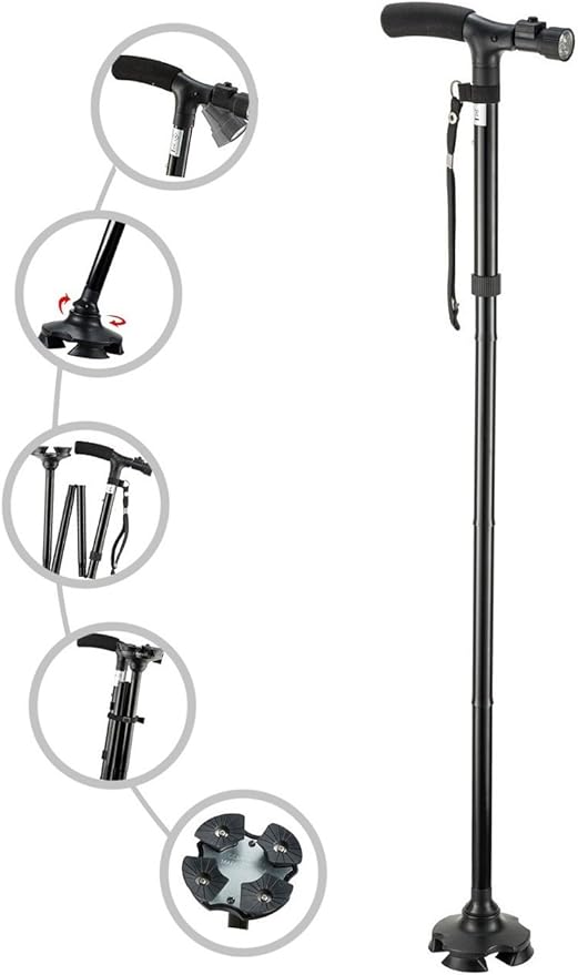Folding Cane with Led Light, Adjustable Canes for Men and Women, Walking Stick for Elderly with Cushion Handle and Pivoting Quad Base for Hiking Mountain Climbing Backpacker…