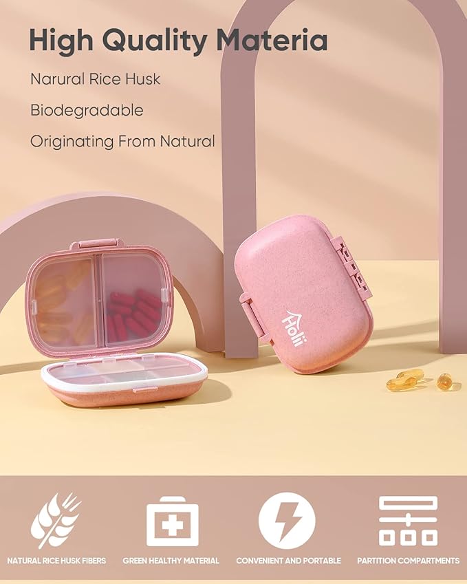 Holii Travel Pill Organizer, 8 Compartments Portable Pill Case, Daily Pill Box to Hold Vitamins, Small Pill Container for Pocket Purse Medicine Organizer（Pink）