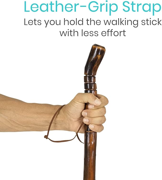 Vive Wooden Walking Stick for Hiking - Handcrafted, Waterproof, with Leather Wrist Strap - Wood Staff for Balance, Women, Men, Seniors - Non-Slip Tip for Safety