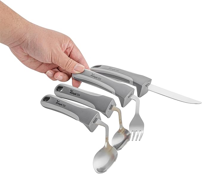 Restaurantware Adaptive Cutlery Set - 1 Set 9.84 x 5.12 x 1.57 Inches - Non-Slip Ergonomic Dining Utensils With Textured Handle - Stainless Steel Gray