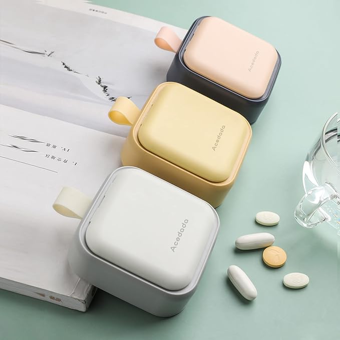 Small Pill Case, Cute Pill Box - Acedada Travel Pill Organizer, Portable Daily Pill Vitamin Container for Purse Pocket, Compact Medicine Holder for Medications, Fish Oils, Supplements, Yellow