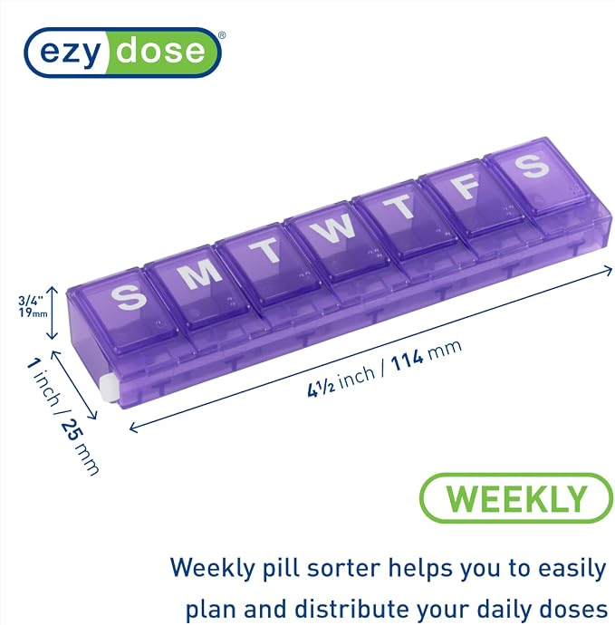 EZY DOSE Weekly (7-Day) Pill Planner, Medicine Case, Vitamin Organizer Box, Small Locking Compartments to Secure Prescription Medication and Prevent Accidental Spilling, Purple