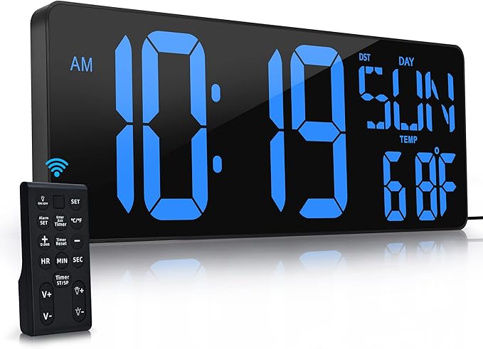 17.2"Large Digital Wall Clock Large Display with Remote Control 180°Visible | Timer with Temperature Date Week Auto DST Adjustable Brightness, for Living Room Classroom Garage Gym Gift for Senior Mom Dad