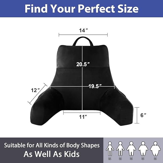 Reading Pillow with Arms for Adult, Back Pillow for Bed Sitting Up, Shredded Memory Foam Backrest Pillow with Pockets & Removable Washable Cover, Lounging, Watching TV, Reading(20" Black)