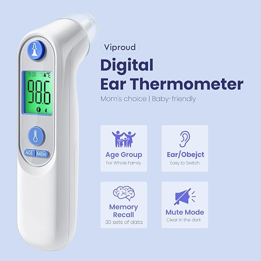 Viproud Digital Ear Thermometer for Kids & Adults, Accurate & Fast Results | With 21 Disposable Probe Covers, 1s Fast Reading, 3-color backlight screen, 30 Memory Recall, ℃/℉ Switchable, Silent Mode