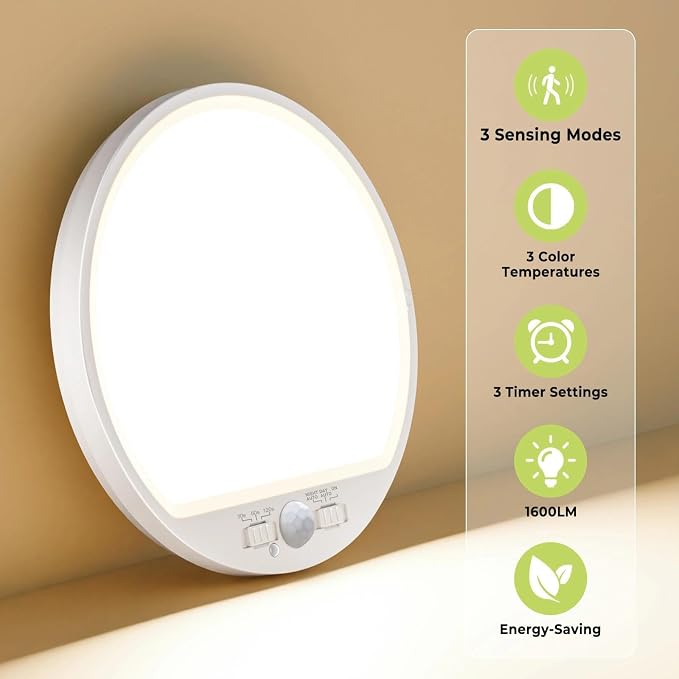 hepside Motion Sensor Ceiling Light Wired, 3000K/4000K/6500K LED Flush Mount Ceiling Light Fixture, 7Inch 15W Motion Sensor Light with Timer for Closet Stair Porch Hallway Pantry,White