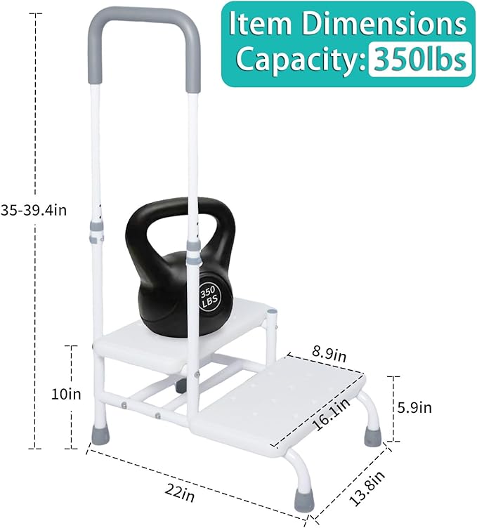 2 Step Stool with Handle for Elderly, Bed Steps for High Beds for Adults, Non Slip Platform and Adjustable Handrail, for Kitchen Bathroom RV Bathtub, Assist Rail for Elderly, Seniors, Hold up to350LBS