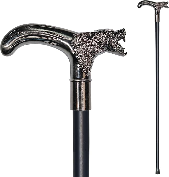 Walking Cane for Men & Women & Seniors - 36.5 Inch Heavy Duty 500+ lbs Capacity, Wolf Ergonomic Handle, Decorative & Ornate Design, Gothic & Goth Elegant Artistry, Metal Cane