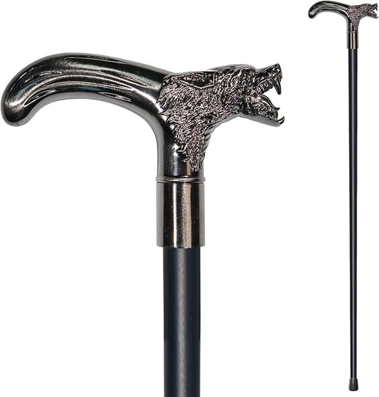 Walking Cane for Men & Women & Seniors - 36.5 Inch Heavy Duty 500+ lbs Capacity, Wolf Ergonomic Handle, Decorative & Ornate Design, Gothic & Goth Elegant Artistry, Metal Cane