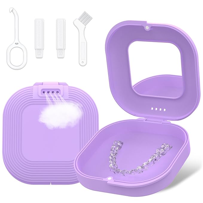 Retainer Case with Mirror and Vent Holes, Cute Retainer Holder Case Compatible with Invisalign, Aligner and Night Guard Case, Slim Retainer Case with Retainer Removal Tool, Chewies & Brush (Purple)