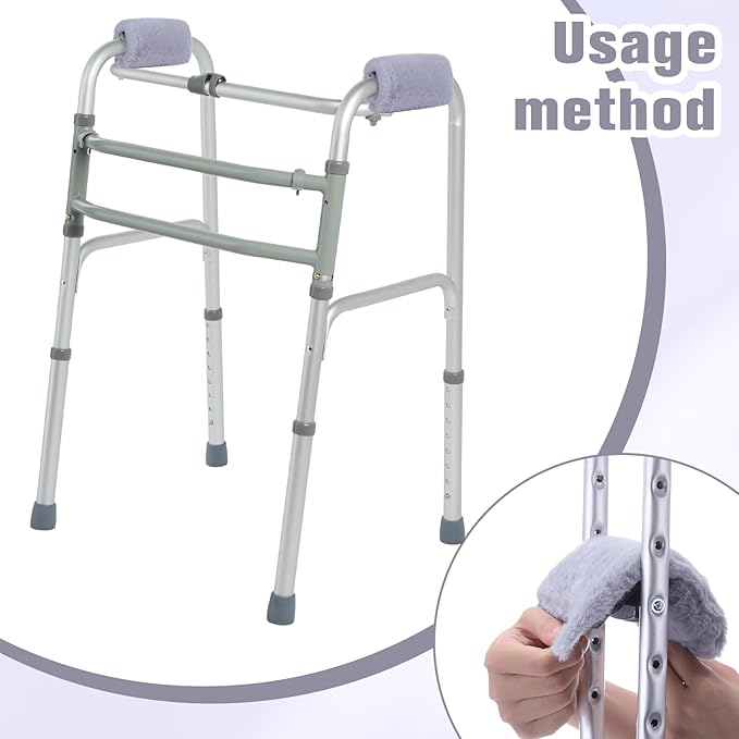 2 Pcs Walker Handle Cushions Fluffy Walker Hand Pads Universal Padded Rollator Hand Cover for Folding Rolling Wheelchair, Senior, Elderly Grippers, with 2 Extra Foam Pads(Gray)