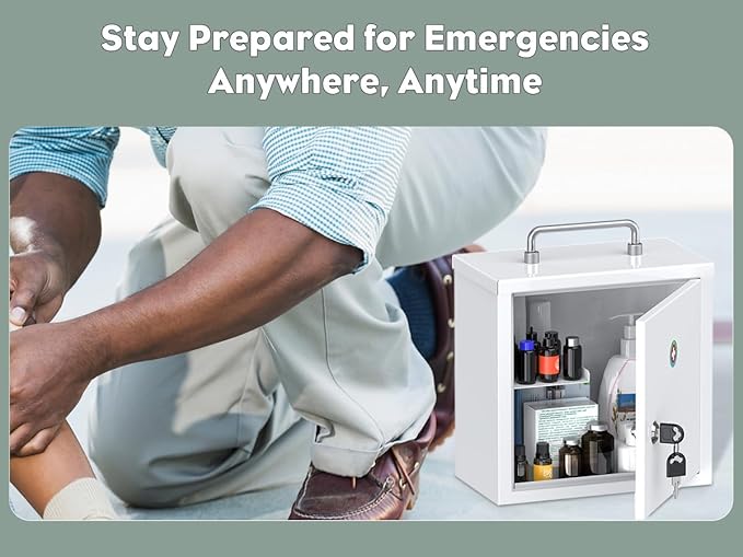 Uniclife Wall Mount Medicine Cabinet with Key Lock & Handle Locking First Aid Cabinet Lockable Medical Cabinet Lightweight Medium Medicine Organizer Secure Steel Wall Cabinet Metal Storage Box, White