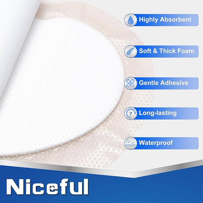 Niceful Sacral Silicone Foam Dressing, Sacrum Bed Sore Bandages for Large Wound 9"x 9"(5PCS)