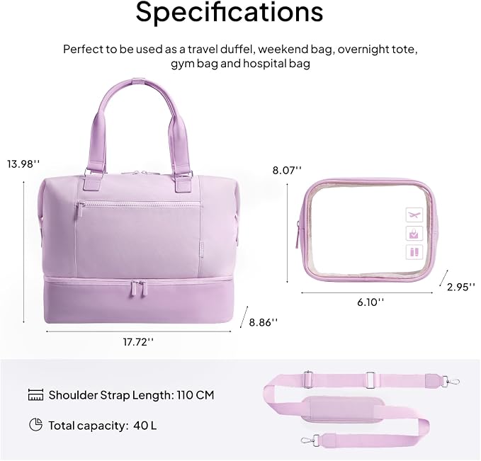 Travel Duffle Bag for Women, 40L Weekender Bags Airline Approved Carry On with Shoe Compartment & Waterproof Wet Pocket, Durable Nylon Weekender Overnight Bag for Travel, Gym, Business Trip, Purple