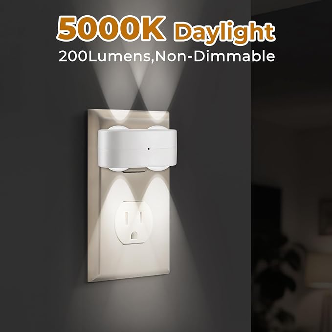 4 Pack Night Light, Plug-in Wall NightLights with Rotatable, Dusk to Dawn Sensor Auto On/Off, 5000K Daylight 100 Lumens, for Hallway Living Room Kitchen Garage Stairway