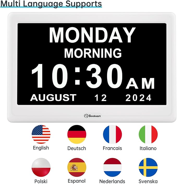 Soobest 12” Dementia Digital Clock for Seniors Extra Large, 20 Alarm Reminders Date Day Time Display for Elderly Memory Loss Alzheimers, Electric Calendar Clock, Auto DST, 1024 * 600P HD