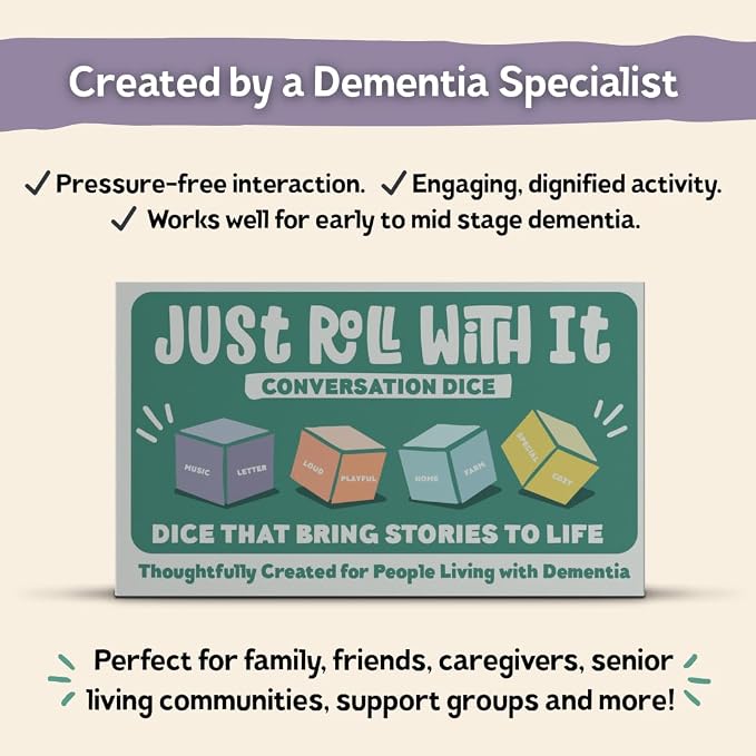 Just Roll With It Conversation Dice | Dementia Activities for Seniors | Alzheimer’s & Dementia Story Dice Cubes | Great for Individuals Living with Dementia, Families and Caregivers
